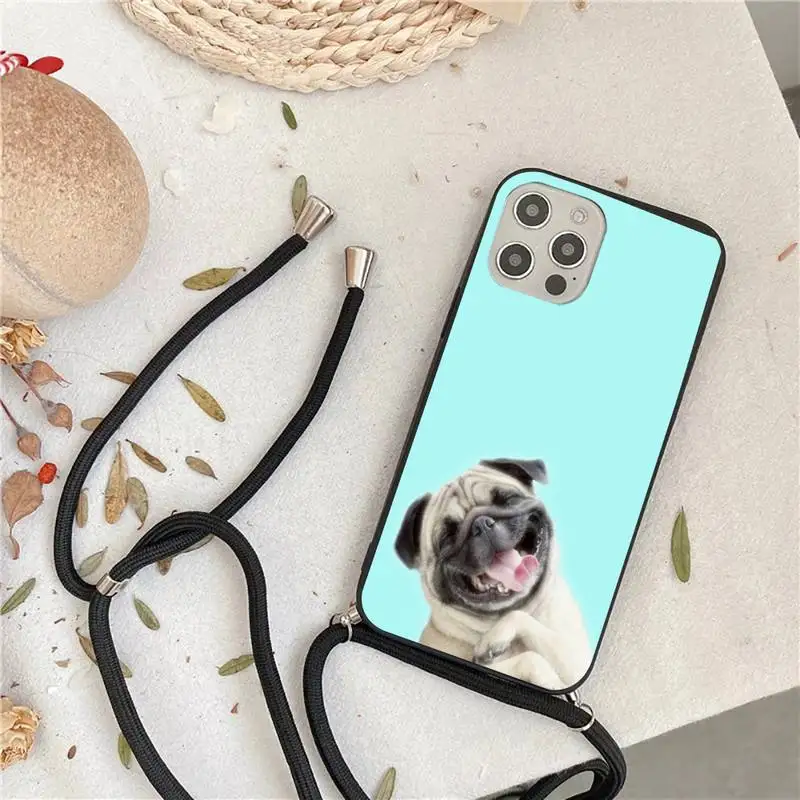 

Bulldog Pug dog cute cartoon Phone Case For iPhone 7 8 11 12 X XS XR MINI Pro Max Plus Strap Cord Chain Lanyard soft coque shell