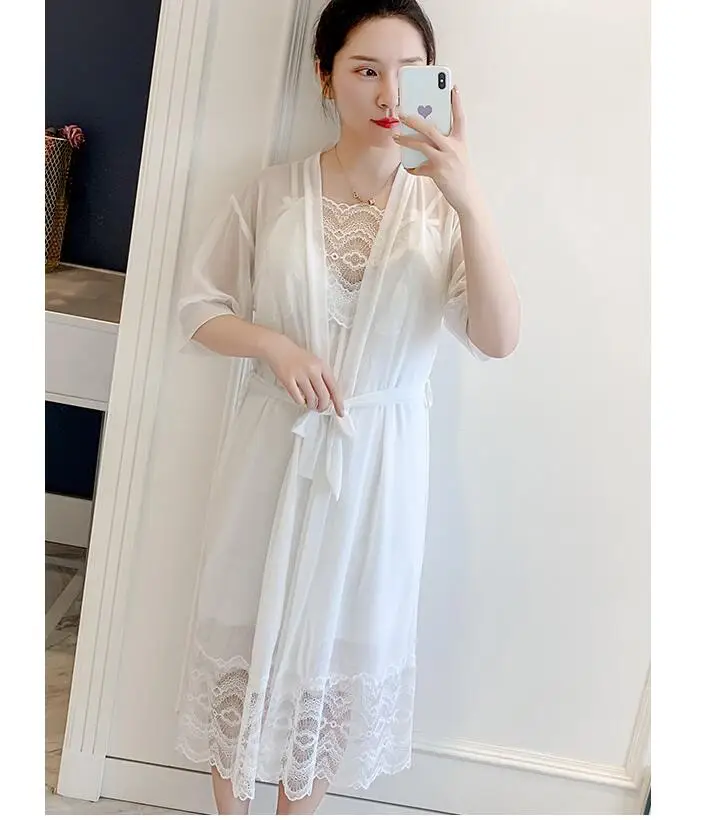 

Korean Sexy Princess Robe & Gown Sets Lace Sleepwear Super Fairy Peignoir Kimono Set Lingerie with Robe Pajama Dress Nightdress