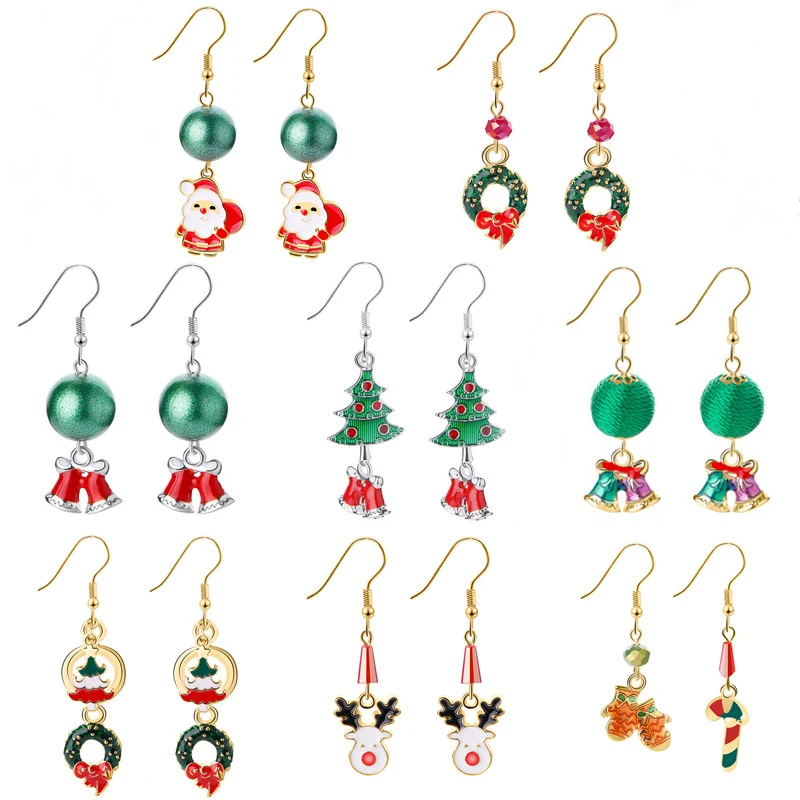

New Fashion Christmas Tree/Wreath Bell Santa Claus Reindeer Enamel Metal Earrings Ear Drop Dangler For Women Girl Christmas Gift