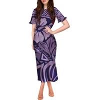 print on demand women dress high quality short ruffle sleeve sexy dress polynesian tribal hibiscus print long skirt
