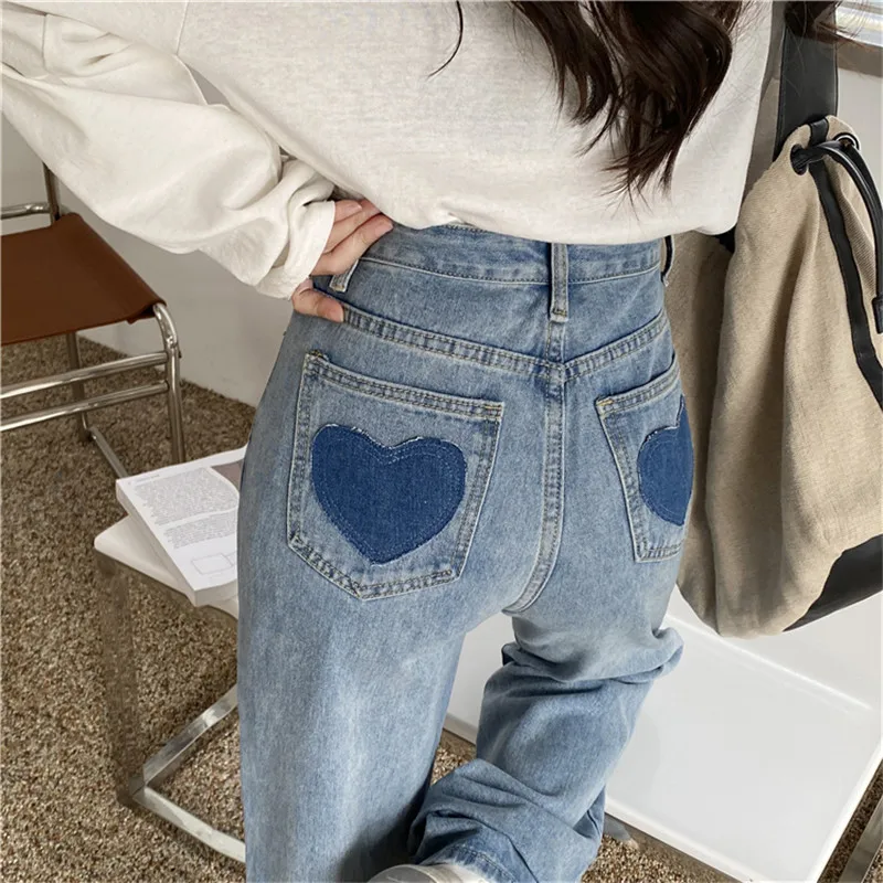 

Limiguyue весенние повседневные женские джинсы с высокой талией с карманами в форме сердца джинсы Длинные прямые джинсы брюки шикарные брюки ул...