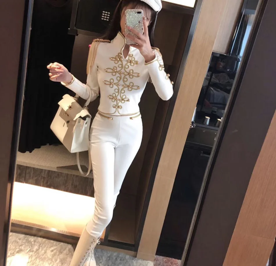 New Autumn And Winter Ladies Club Bandage Suit Black White Fringed Shirt And Pants 2 Pieces Two-Piece Club Party Suit