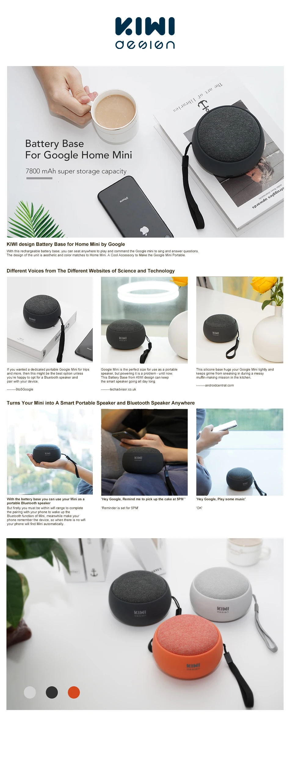 KIWI дизайн перезаряжаемая батарея база 7800 мАч для Google Home мини, Google Home мини портативное зарядное устройство