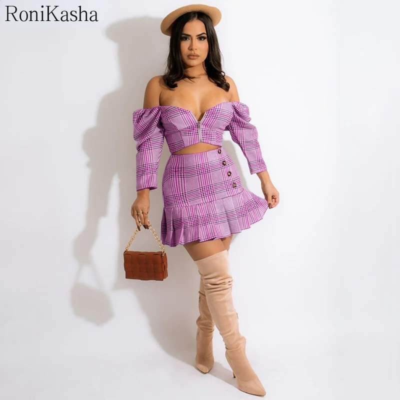 

Клетчатое платье, мини-юбка, короткий топ с открытыми плечами, праздничная одежда для женщин, комплект из 2 предметов, сексуальный облегающи...