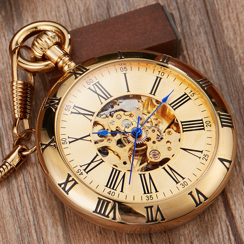Luxury Golden Mechanical Pocket Watch Skeleton Roman Numerals Dial High Quality Gold Case Fob Chain Clock for Men Dropshipping