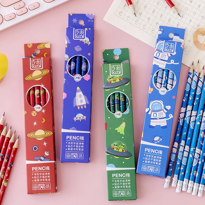 

10 boxed wooden pencils with eraser HB pencil Cartoon planet writing pen cute Student pen kawaii School supplies gifts pen prize