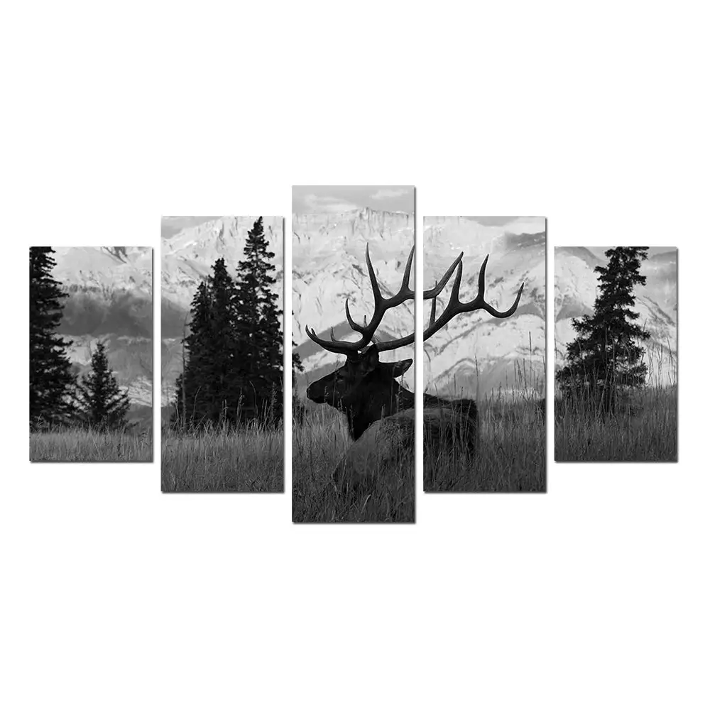 

Картина с изображением лося, животных, животных, холст, печать, черный и белый цвета, 5 панелей, художественная живопись, Прямая поставка
