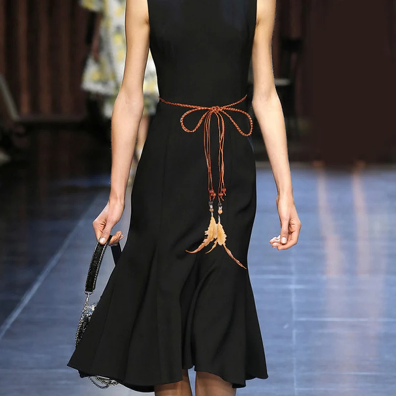 Женское длинное платье ремень бахрома веревка цепь ремни элегантный тонкий