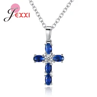 christian 925 sterling silver oval blue cz cubic zircon cross pendant chain necklace fashion women jewelry gift for birthday