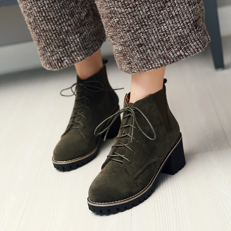 

Matte Leather High-heeled Ankle Boots Retro Lace-up Matin Boots Versatile Plus Velvet Heel Short booties Botines Mujer