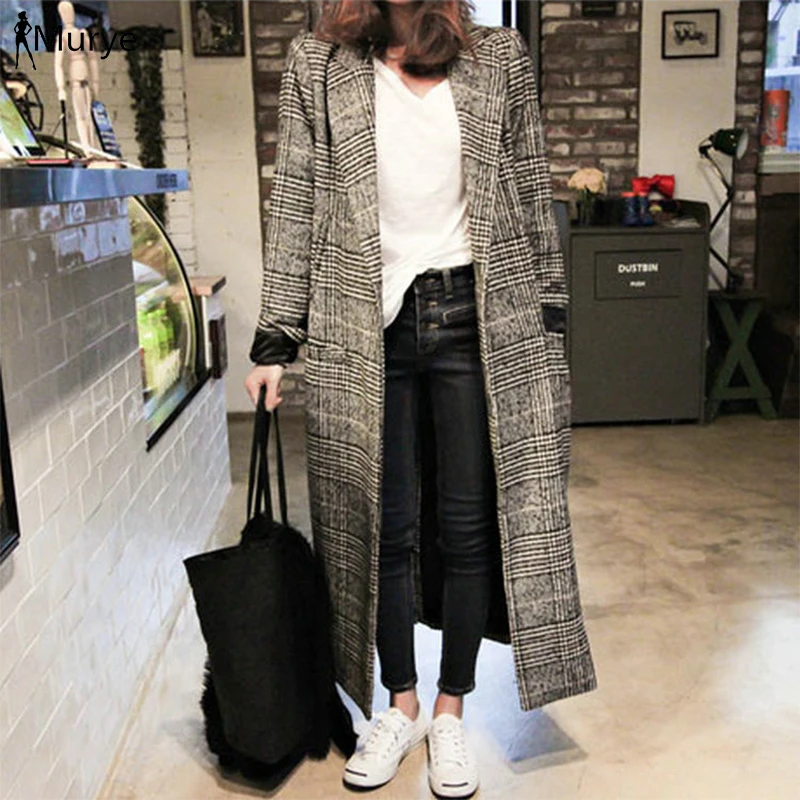 

2019 new autumn and winter plaid woolen coat Korean version of the slim slimming long section of the houndstooth woolen coat