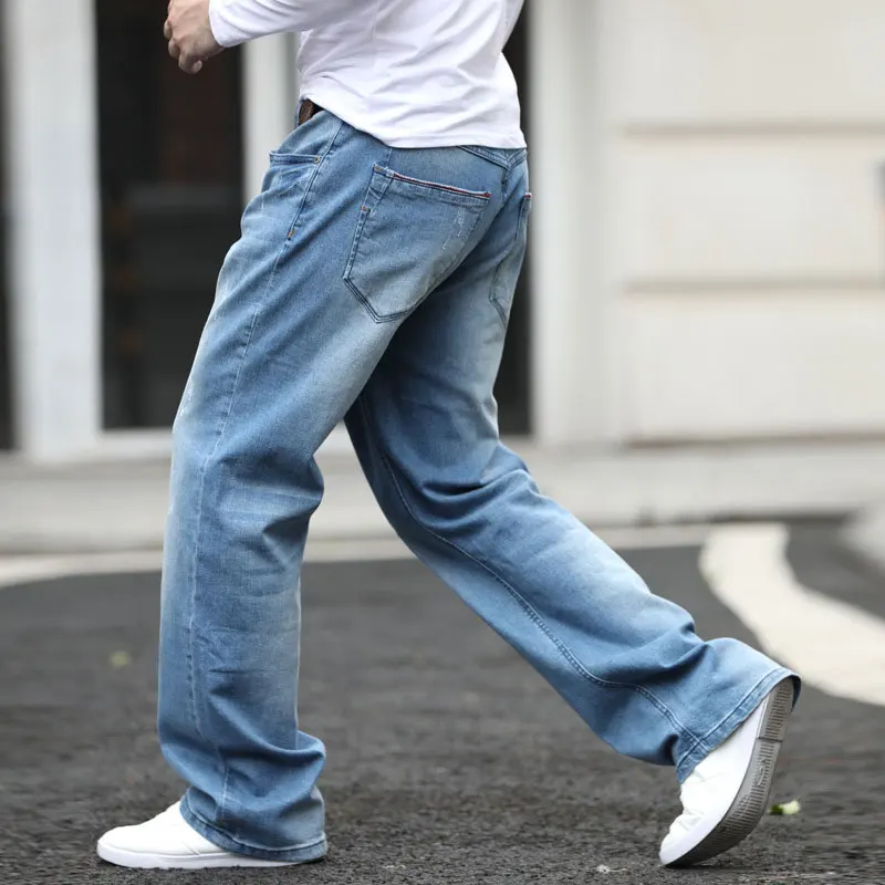 Fashion Elastic Men Jeans Straight Comfortable Loose Baggy Hip Hop Denim Pants Cotton Light Blue Wide Leg Trouser  Large Size 44