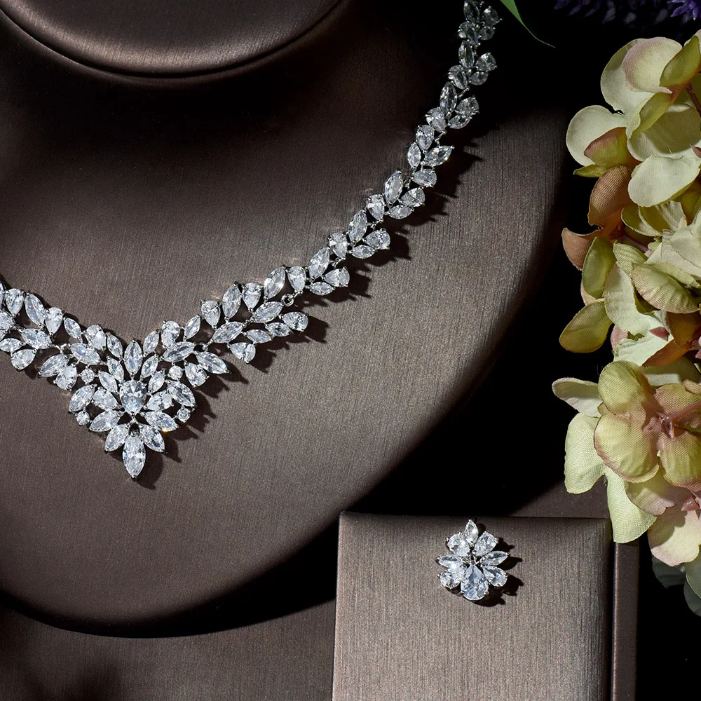 HIBRIDE Classic Leaf Drop Cubic Zircon Women Dinner Party Costume Jewelry Sets Elegant Bridal Wedding Necklace Earrings N-1364 | Украшения