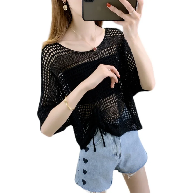 

20213 real shot round neck Pullover drawstring hollow solid short sleeve 27