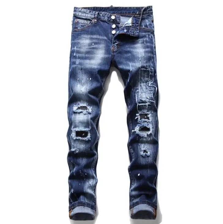 

Зимние Синие джинсы мужские джинсы новый стиль рваные краски Тонкий джинсы для мужчин патч стрейч брюки синего цвета нищий Штаны
