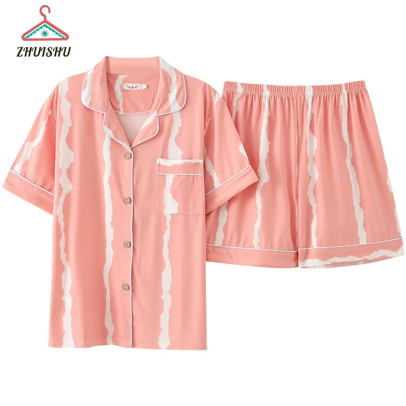 

ZHUISHU 2021 Summer Cardigan Short Sleeve Shorts Women's Pajamas Set Wechat Business Popular Cartoon Cute Home Clothes R167
