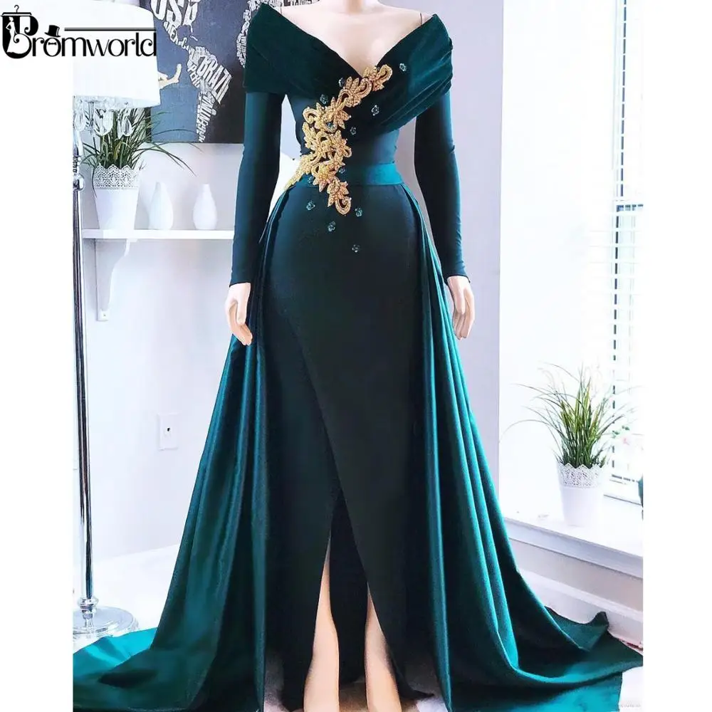 

Elegant Hunter Green Muslim Evening Prom 2022 Dubai Islamic Arabic Satin V-Neck Long Sleeve Women Formal Dress robe de soiree
