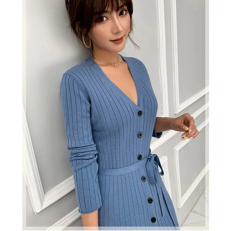 Fall Winter Women Korea Long Sleeve V-Neck Knitted Cardigans Lace Up Casual With Belt Sweater Cashmere Wool Slim Coat |