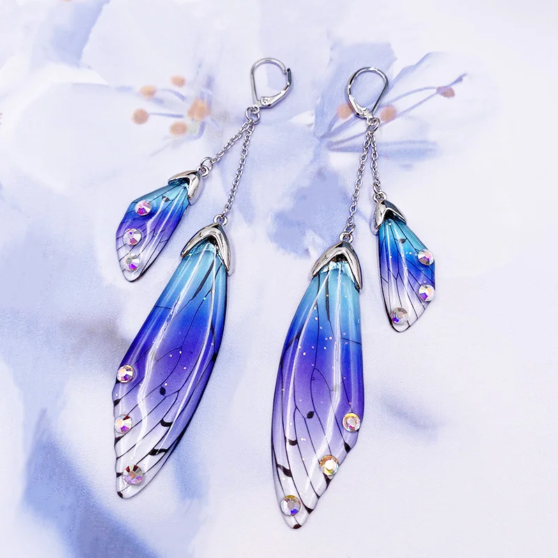 

Minar Handmade Fairy Simulation Wing Earrings Insect Butterfly Wing Drop Earrings Enamel Rhinestones Earrings Romantic Jewelry