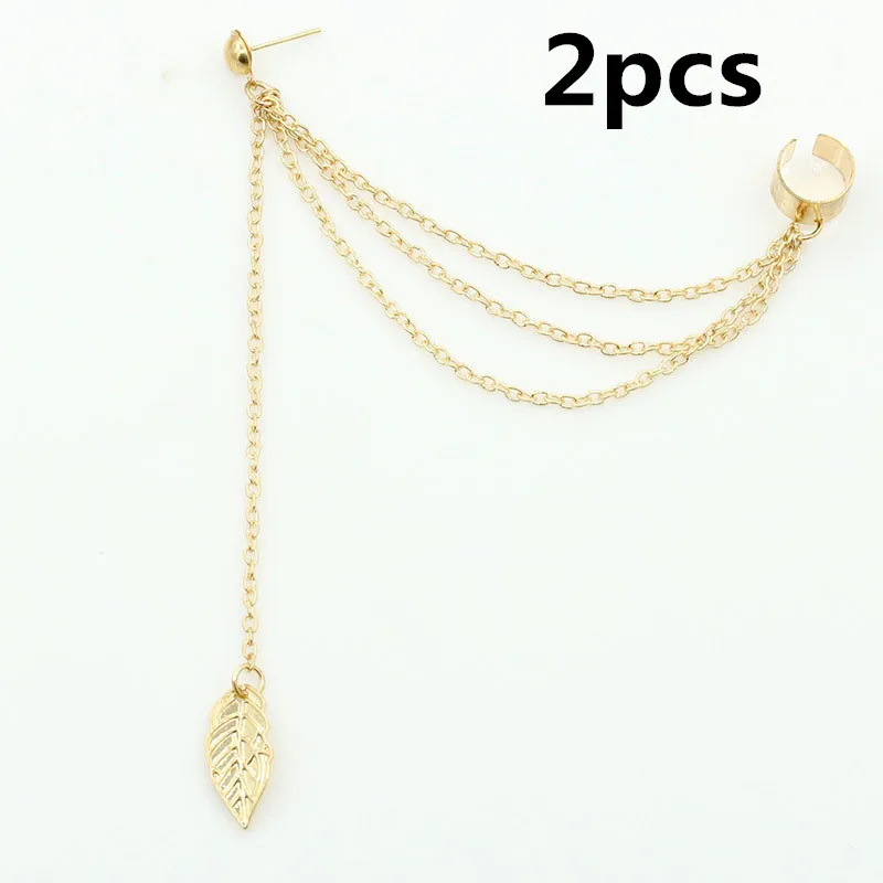 2pcs Gold 1/2 шт, специальный дизайн, панк-рок, однолистная цепочка с кисточками, висячие серьги-манжеты, 2 цвета, для женщин, девочек, ювелирное изделие, подарок - Окраска металла: 2pcs Gold