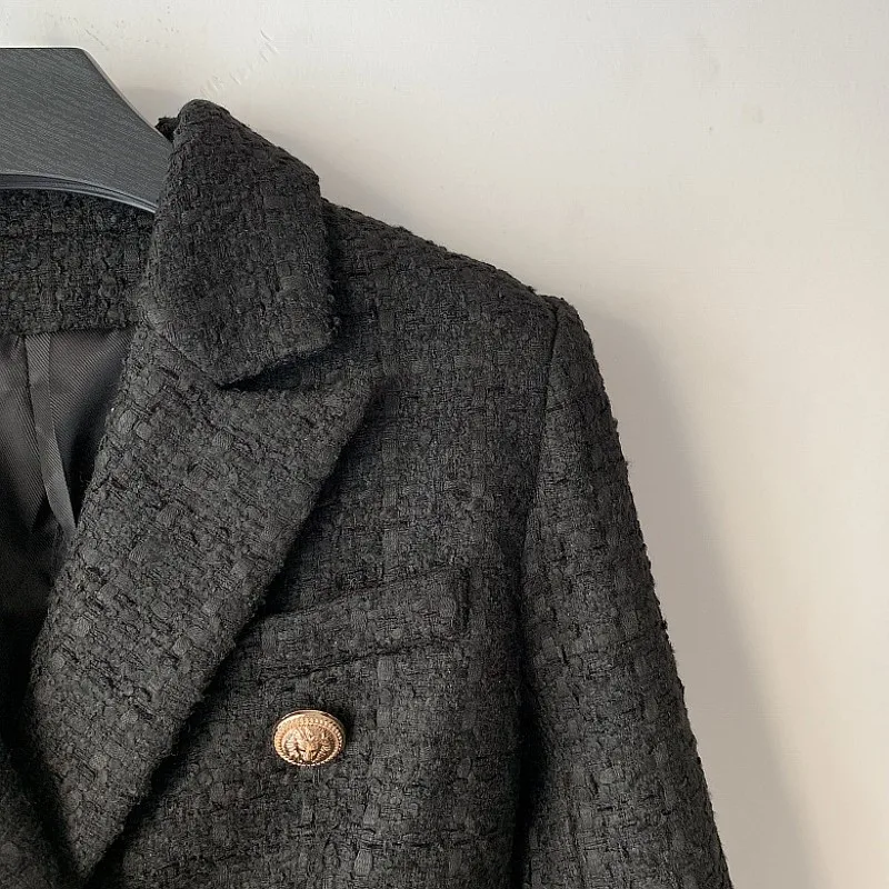 

High Quality Women Office Work Clothes Slim Fit Weaving Tweed Blazer Double Breasted Business Lapel Black Feamle Jacket Coats