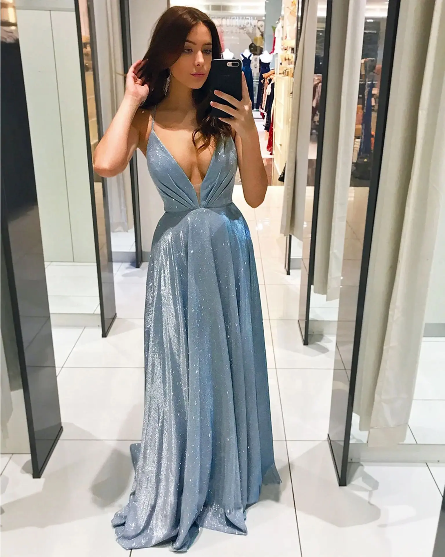 

Sky Blue Long Prom Dress A Line Deep V Neck Bling Bling Elegant Lace Up Back Formal Lady 2021 Evening Dress Long YSAN1189