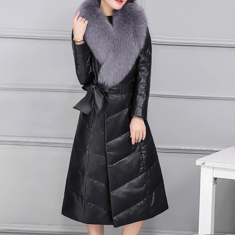

Leather Women Faux Fox Fur Collar Winter Coat Long Down Jacket Overcoat Coats Chamarras De Mujer KJ524