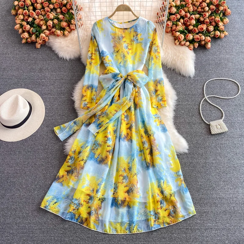 

Женское шифоновое платье в стиле бохо, элегантное праздничное платье с круглым вырезом и длинным рукавом, Длинное свободное приталенное пл...