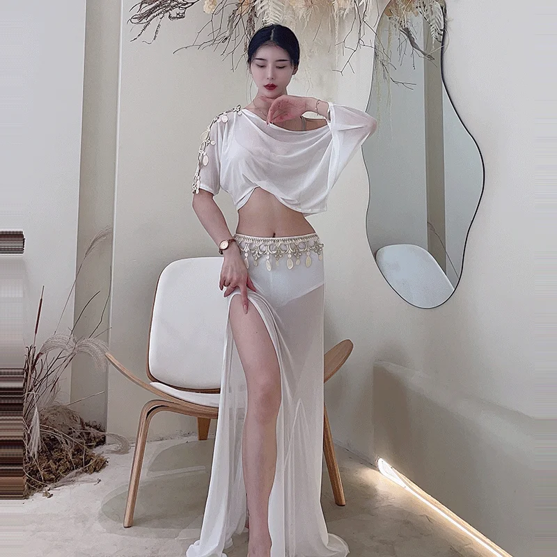 Женский костюм для танца живота белый выступлений из сетчатой ткани с топом и