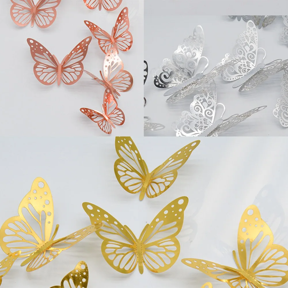 

12Pcs/lot New 3D Hollow Golden Silver Butterfly Wall Stickers Art Home Decorations Wall Decals for Party Wedding Display Shop