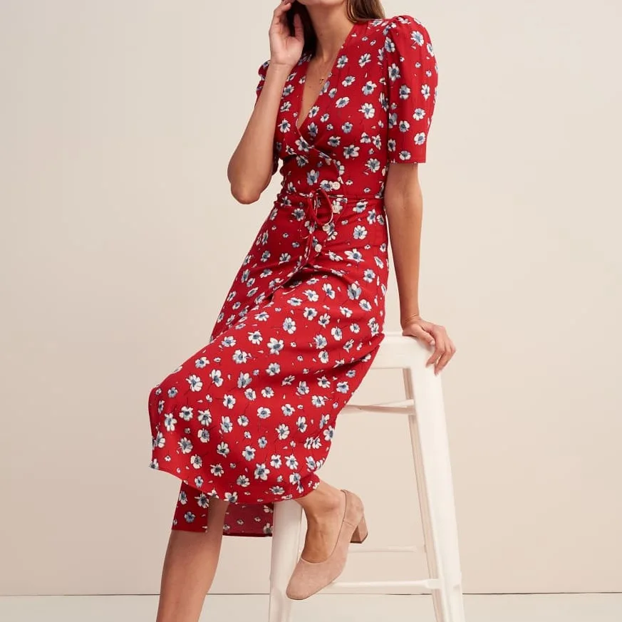 Elfbop черное/красное высококачественное женское платье миди с запахом V образным