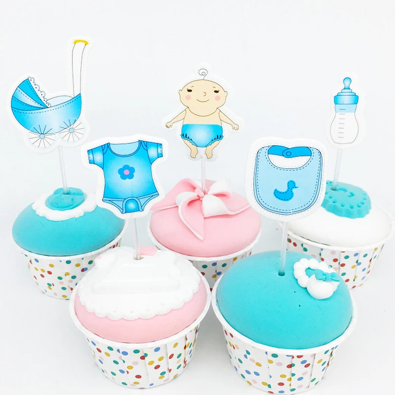 

24pc/lot Happy Birthday Party Baby Boy Baby Carriage Theme Cupcake Toppers with Sticks Cake Topper Baby Shower Decorate Supplies