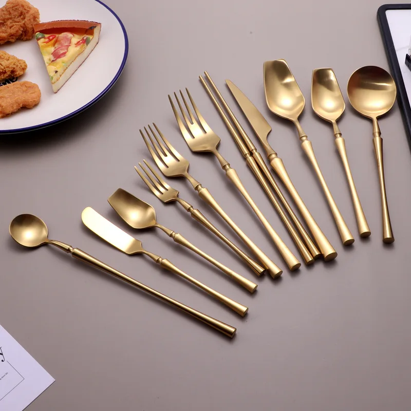 

Golden Tableware 304 Stainless Steel Frosted Gold Waist Western Light Luxury Tableware Chopsticks Tableware