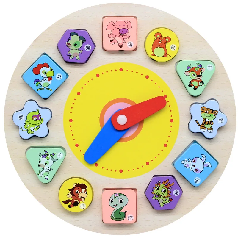 

Montessori Cartoon Animal Educational Wooden Beaded Geometry Digital letter Clock Puzzle Gadgets Matching Clock Toy For Children