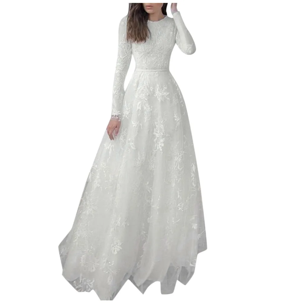 Однотонное кружевное платье с круглым вырезом и длинным рукавом модная женская