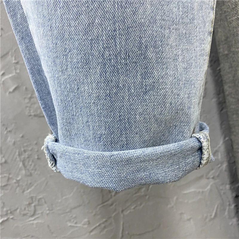 

Side Ripped Streetwear Denim Jeans Women 2021 Summer Loose Straight High Waist Slim Cropped Harem Pants Fashion Light Blue Jeans