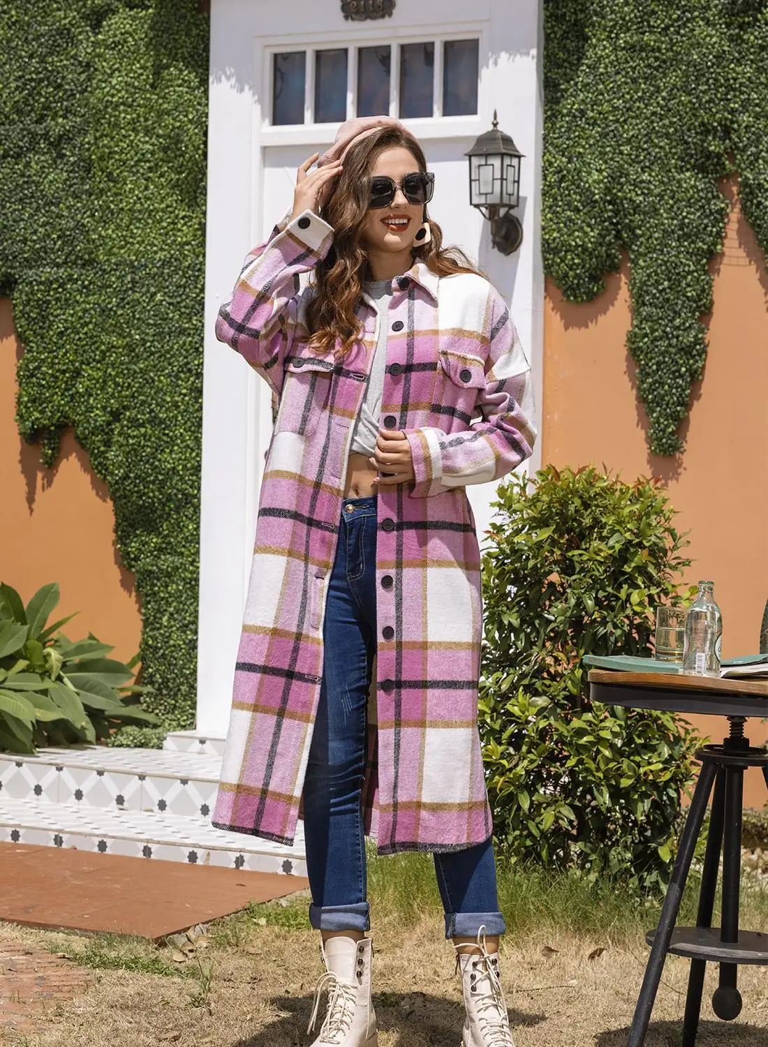 

autumn 2021 women's coat Lapel classic plaid coats double side pocket long loose overcoat