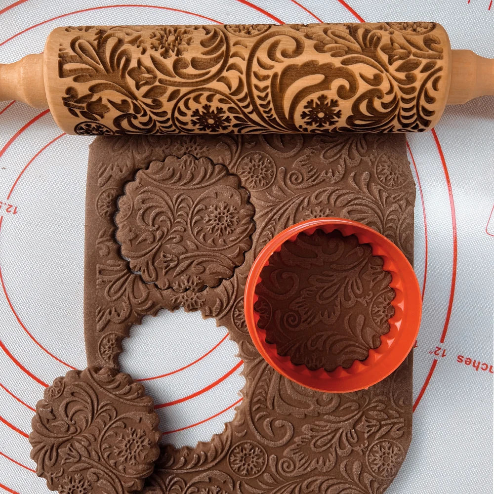 Christmas Rolling Pins Rock Snowflake Elk Wooden Embossing Baking Cookies Biscuit Fondant Cake Patterned Roller 35*5cm | Дом и сад
