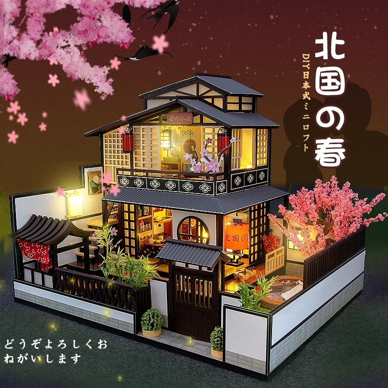 

New Japanese Architecture DIY Wooden Dollhouses with Sakura Assembled Miniature with Furniture Doll House Toys for Adult Gift