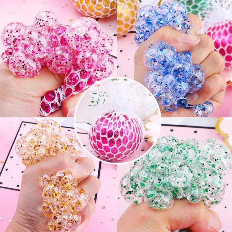 

7cm Mesh Ball Stress Sequins Color Grape Squeeze Anti-Stress Squishy Toys for Mood Autism Kids Adult Play Decompression Vent
