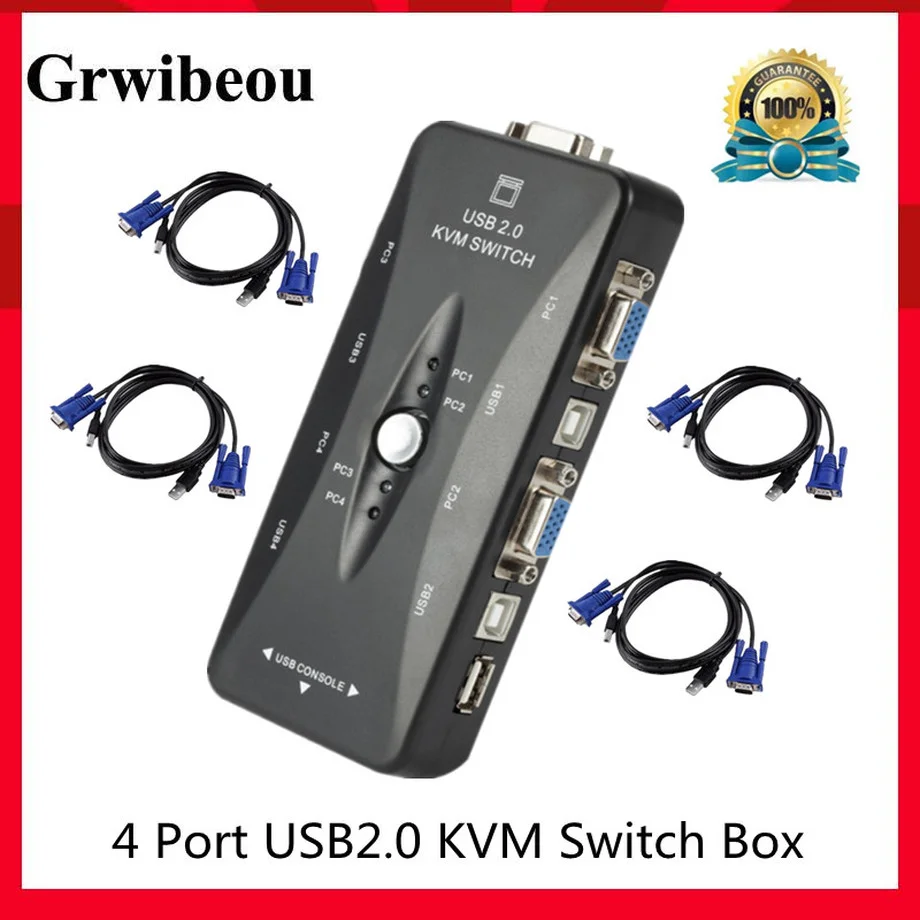 Grwibeou 4 Port KVM Switch USB 2.0 VGA Splitter Mouse Printer  Keyboard Pendrive Share Switcher 1920*1440 VGA Switch Box Adapter