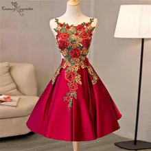 Robe de bal courte rouge, longueur aux genoux, avec des Appliques en dentelle, effet d'illusion de perles dans le dos, robe de remise de diplôme, bon marché, 2021  (3)