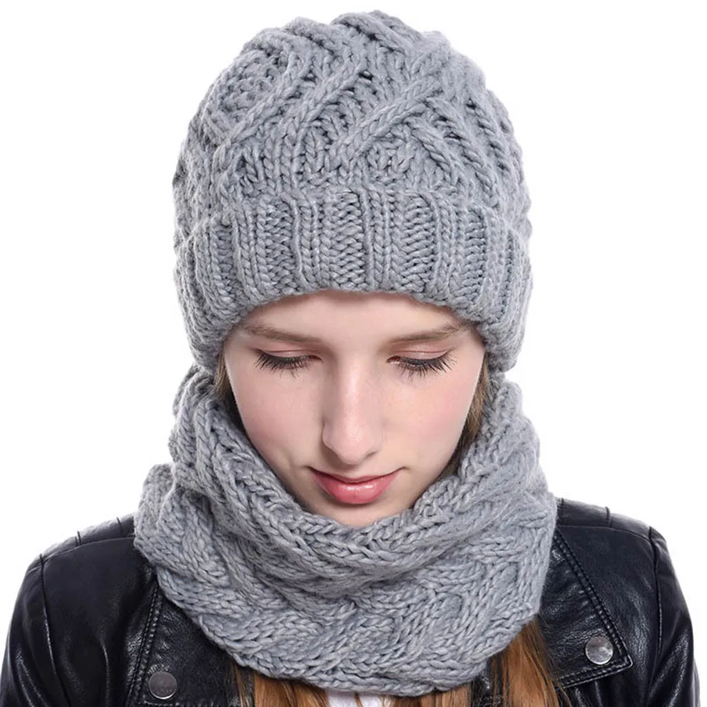 22hat and scarf Шапка и шарф 2019Top Женская двухсекционная однотонная вязаная шапка сохраняющая тепло шейный платок зимняя шапка - Цвет: 22hat and scarf
