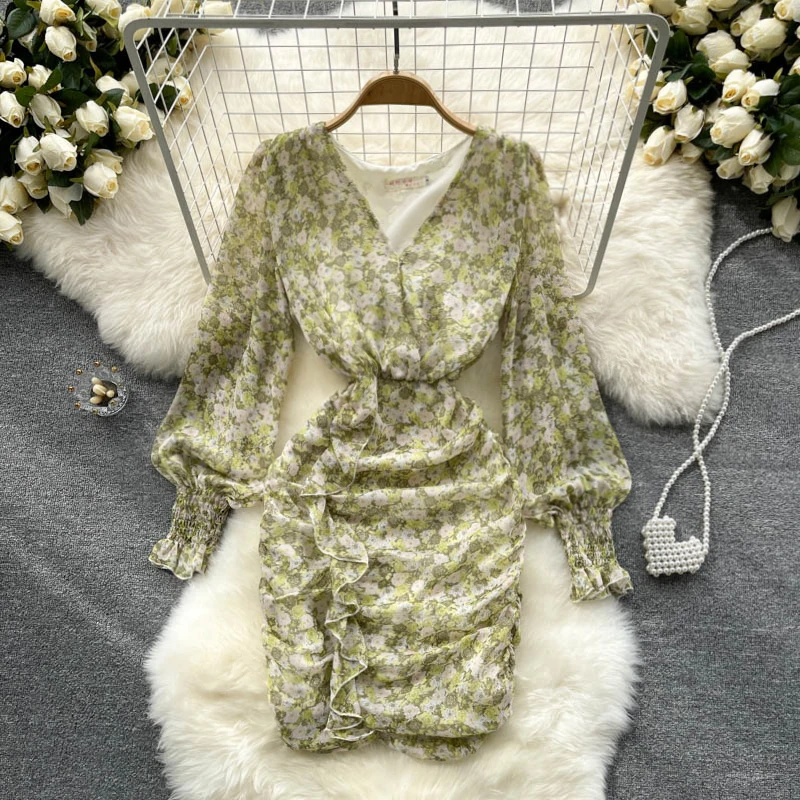 

2021 Autumn Women Bohemian Floral Dress French Sweet Ruffles Slim Chiffon Dresses Korean Print Streetwear Short Dress
