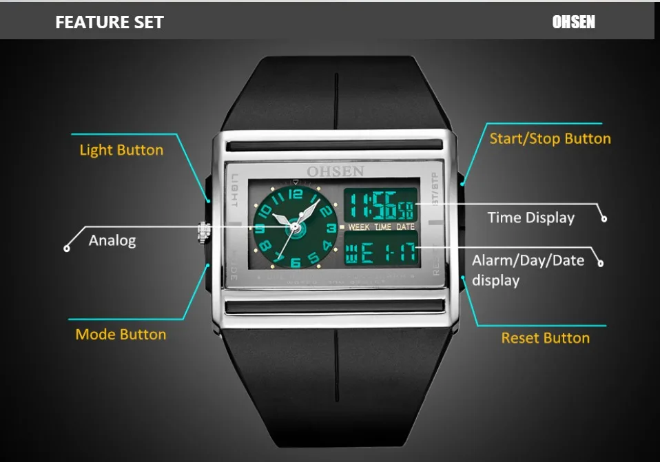 Модный бренд OHSEN аналоговые цифровые часы ЖК-дисплей подсветка мужские
