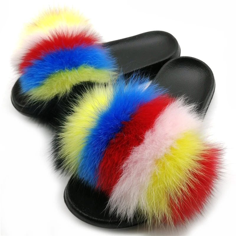 Сланцы женские из натурального лисьего меха домашние шлепанцы пляжные сандалии