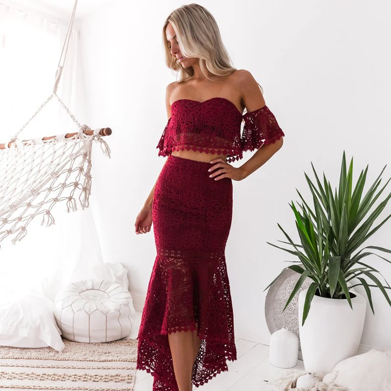 Летний модный кружевной топ без спинки юбка карандаш комплект из двух предметов