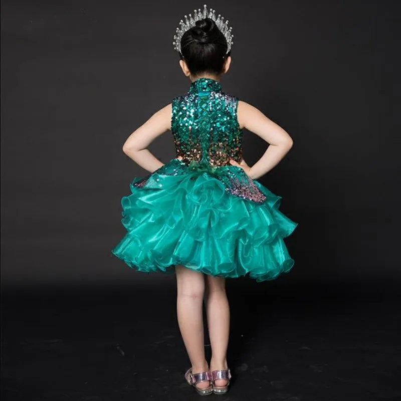 

Real Picture Green Flower Girl Dresses for Wedding Sequined Top Puffy Organza Girls Pageant Dress Tiered vestidos de desfile