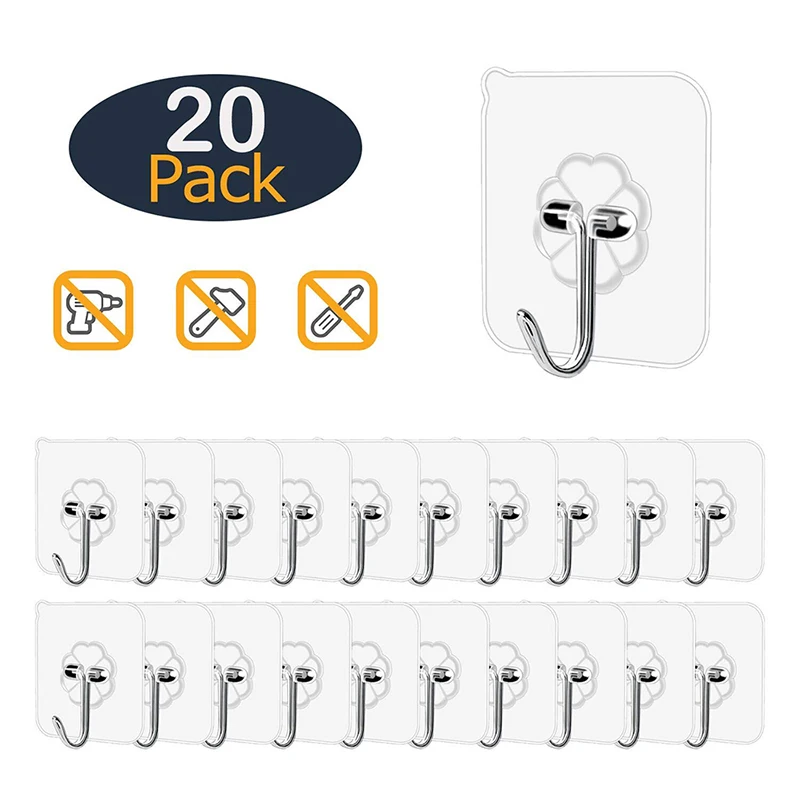 

20Pcs Transparent Wall Hooks Waterproof Oilproof Self Adhesive Hooks Reusable Seamless Hanging Hook For Kitchen Bathroom Office
