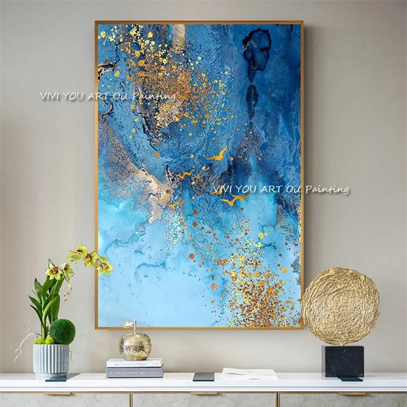 

Handmade Golden Blue Abstract Painting Modern Art Picture For Living Room Cuadros Canvas Art High Quality abstract wall art